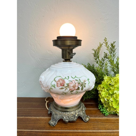 Vintage Hurricane 3-way Milk Glass Globe Floral Gone with the Wind Lamp Base - Picture 7 of 8